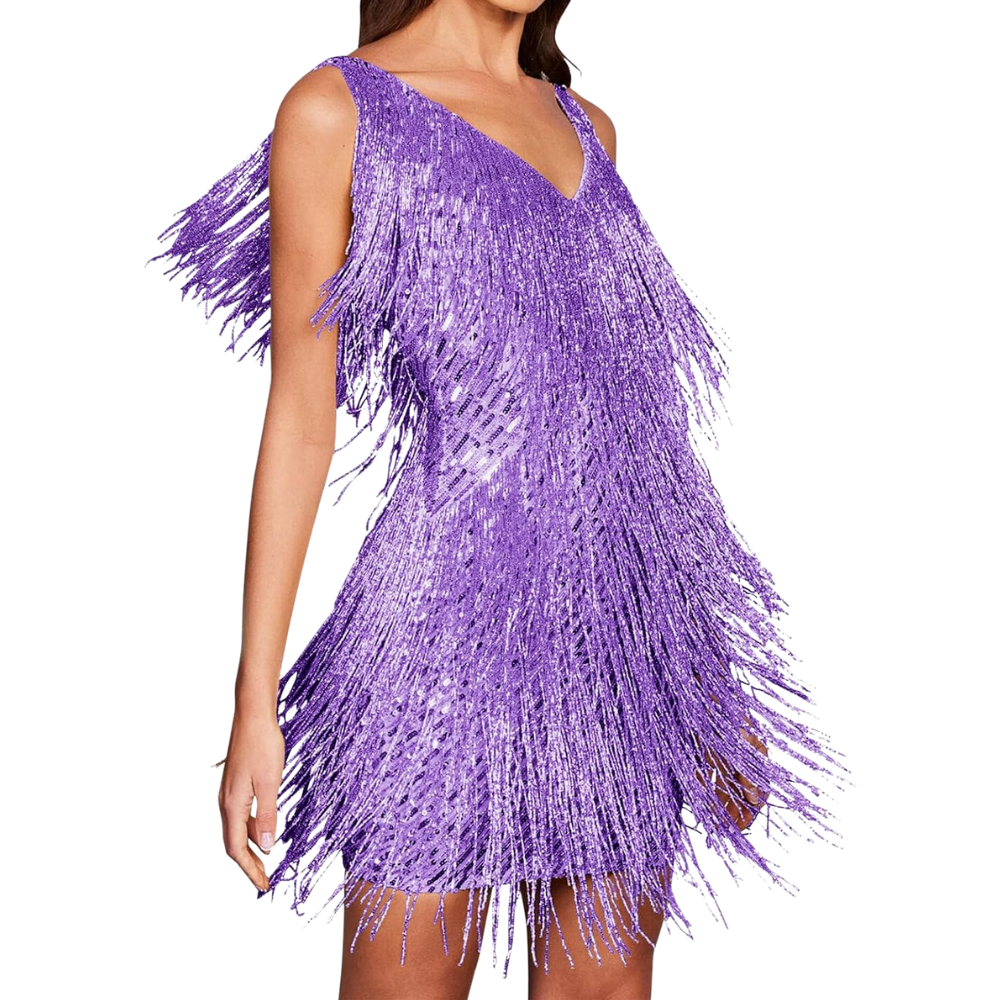 Sequin V-Neck Slip Dress  -Purple - Ozerty