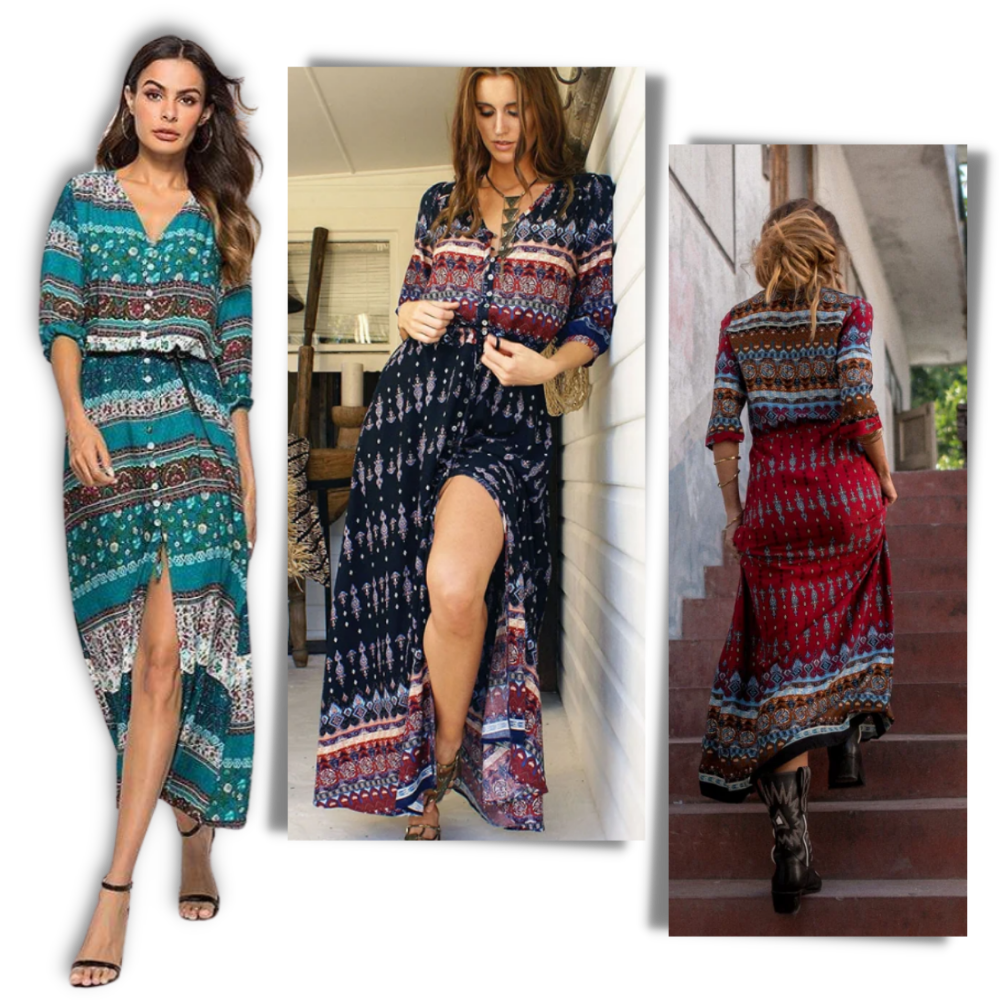 Bohemian V-Neck Maxi Dress - Ozerty