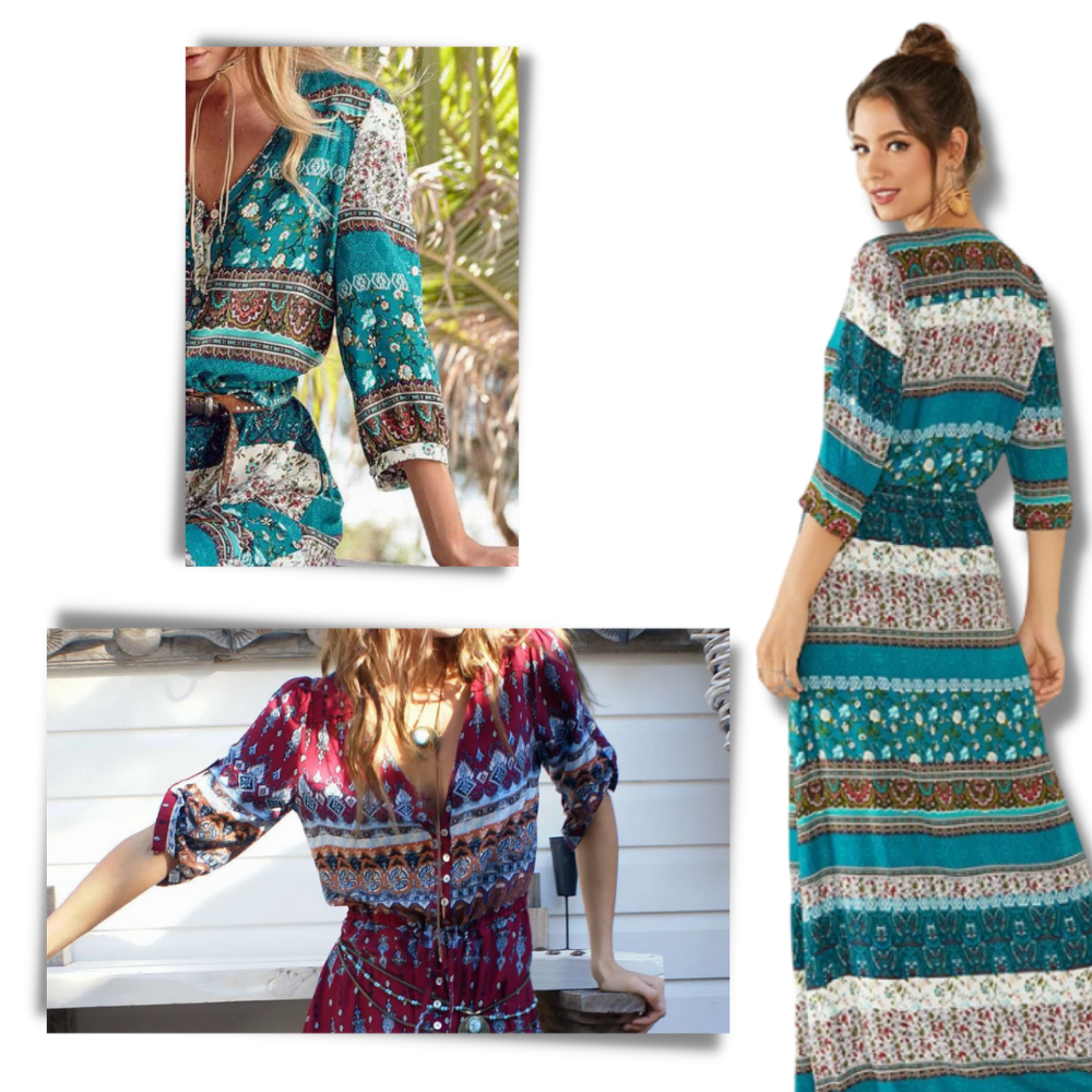 Bohemian V-Neck Maxi Dress - Ozerty