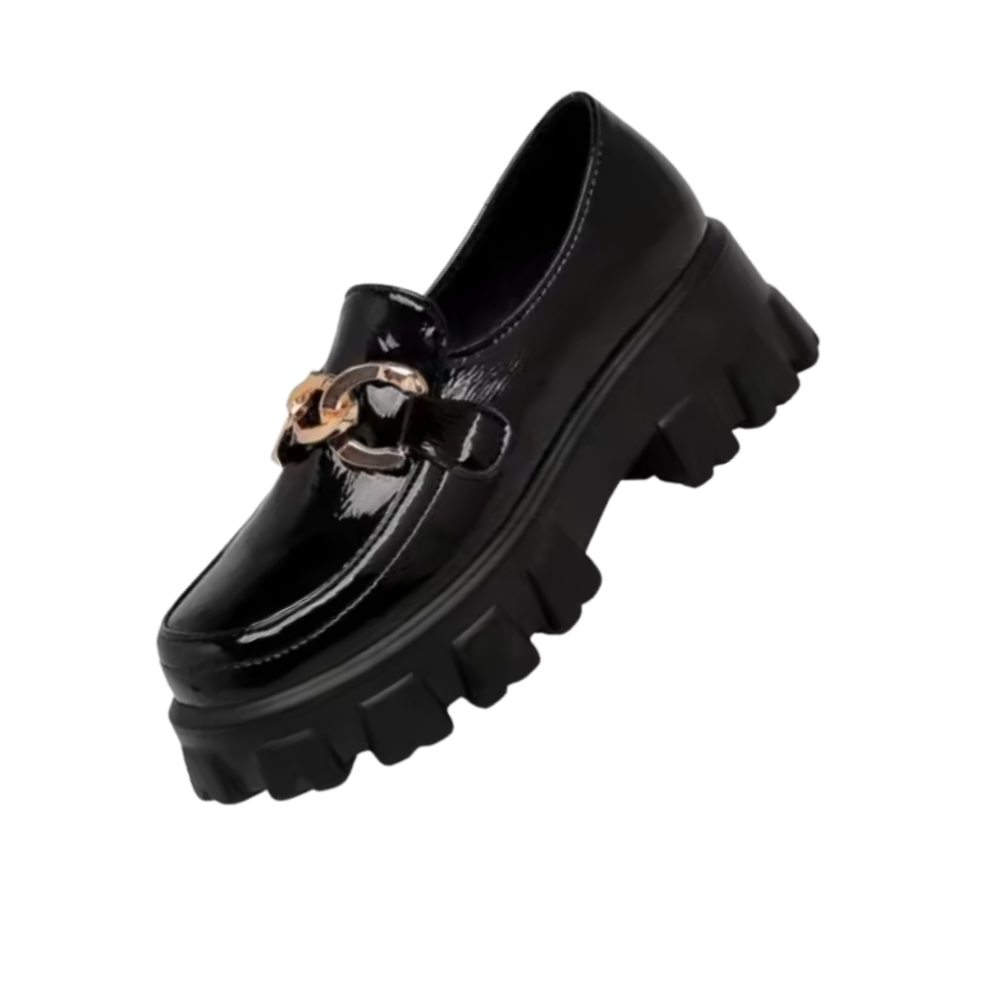 Chunky Stylish Leather Loafers -Black Shiny  - Ozerty