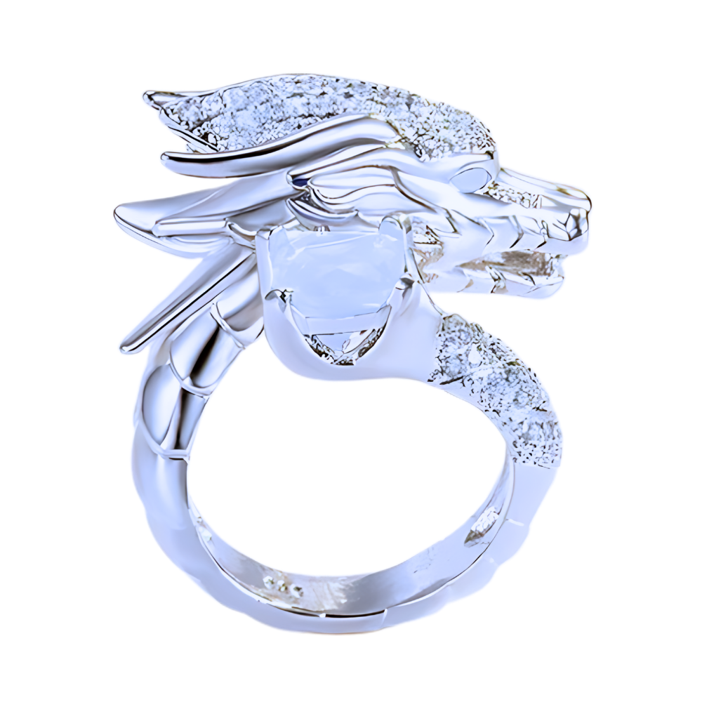 Unique Handmade Silver Dragon Ring  -White - Ozerty