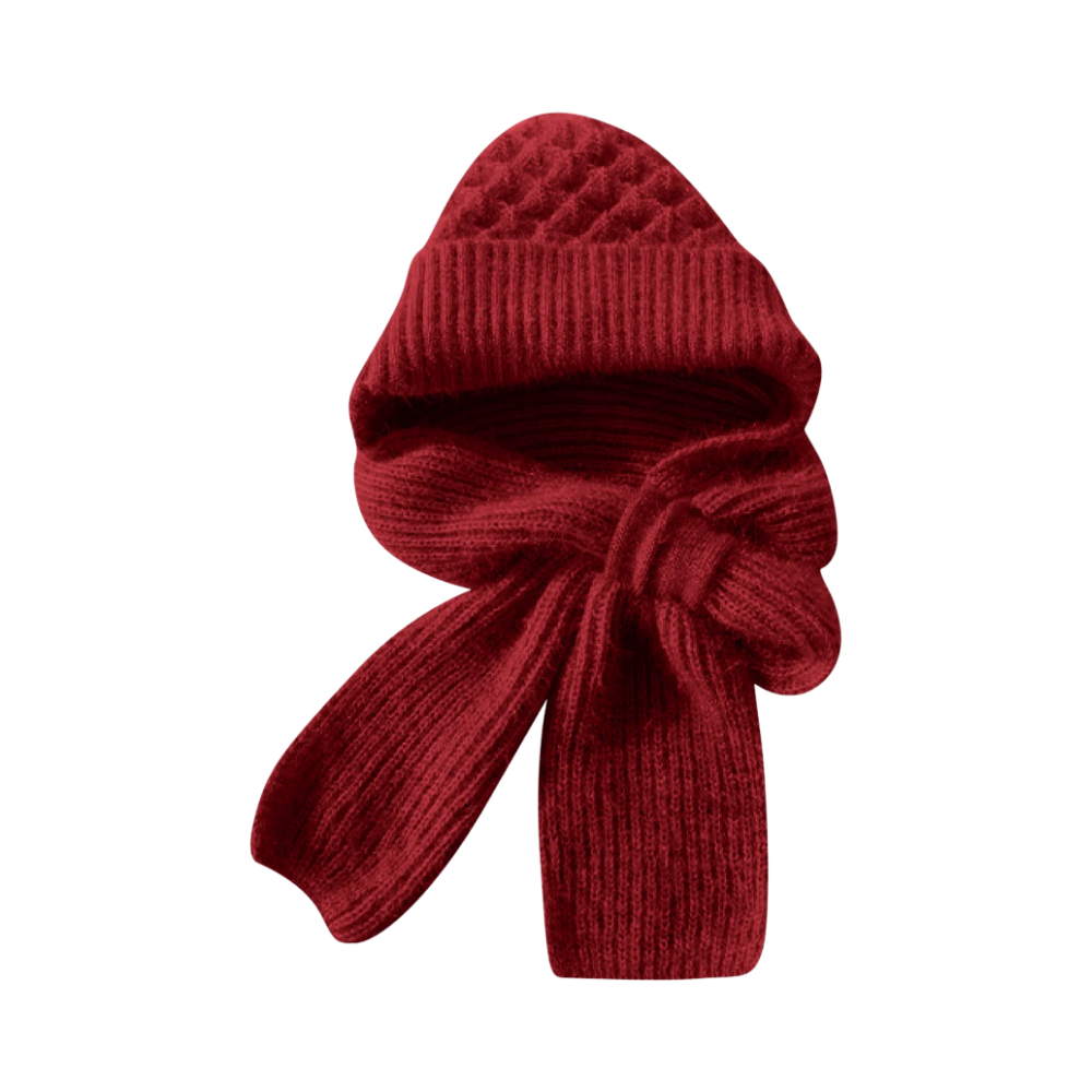 Windproof Knitted Hooded Hat with integrated Scarf and Ear Protection -Wine Red - Ozerty